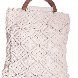 NISA Handmade Straw Bag Travel Beach Fishing Net Handbag Shopping Woven Shoulder Bag for Women wooden handle White color