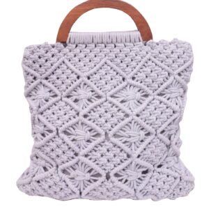 NISA Handmade Straw Bag Travel Beach Fishing Net Handbag Shopping Woven Shoulder Bag for Women wooden handle Light Purple